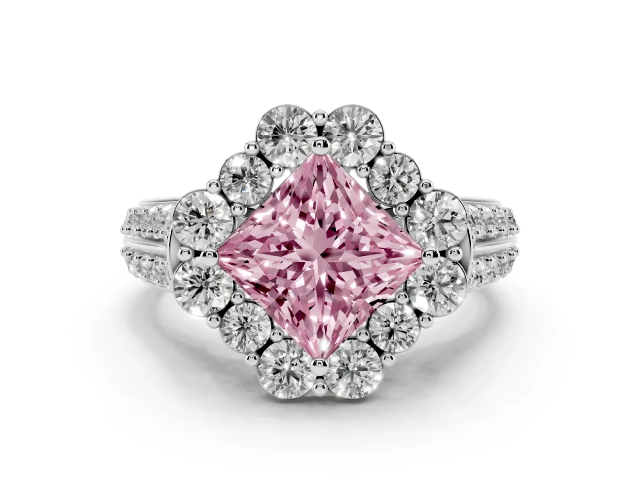Princess Cut Large Accent Halo Engagement Ring Setting for a Fancy Pink Lab-Grown Diamond | Sterling Silver