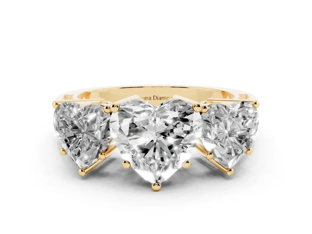 Heart-Shaped Three Stone Engagement Ring Setting | Beaded Shoulders | Yellow Gold