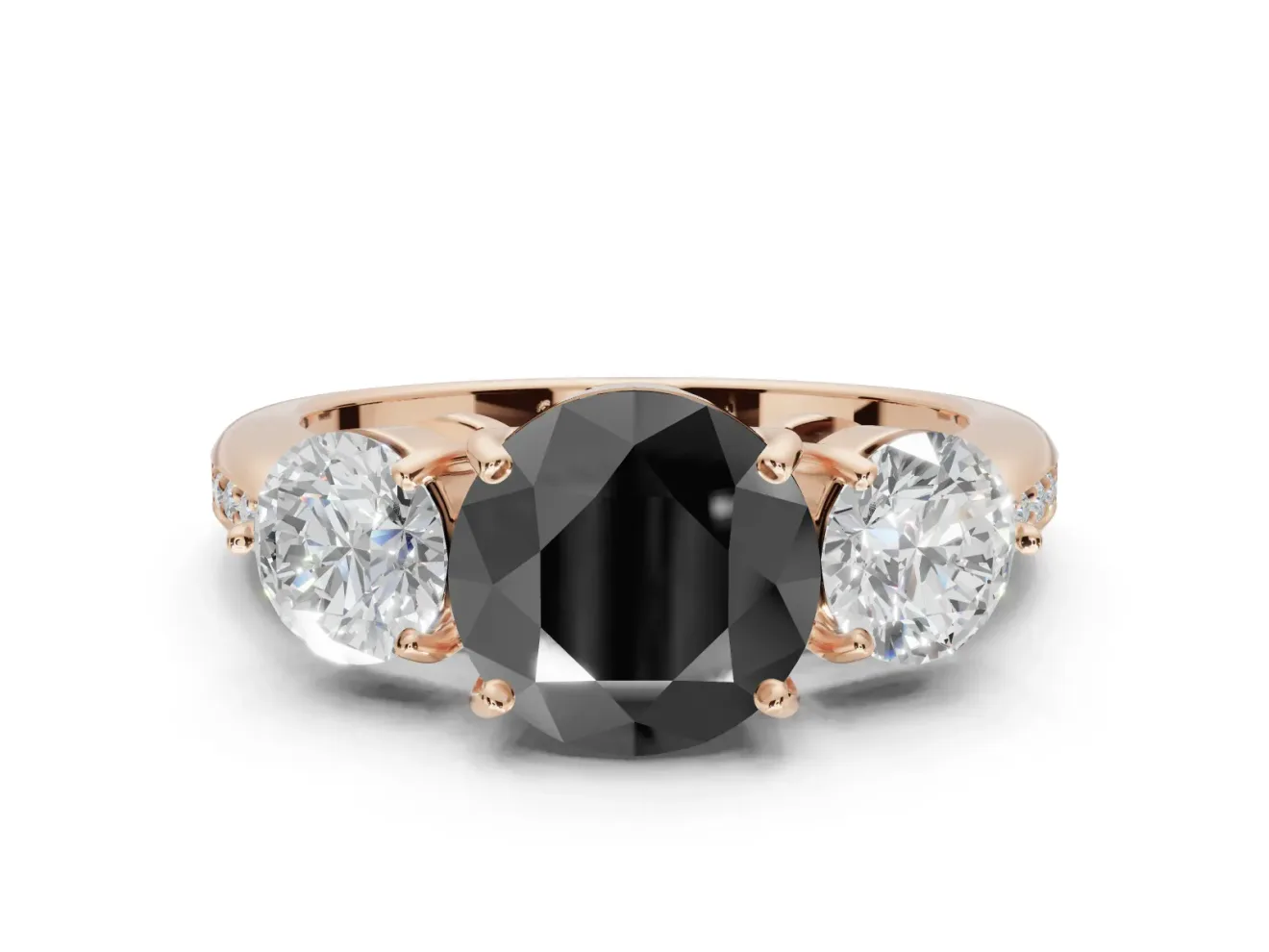 Round Three Stone Engagement Ring Setting for a Black Center | Tapered Pavé Band | Rose Gold