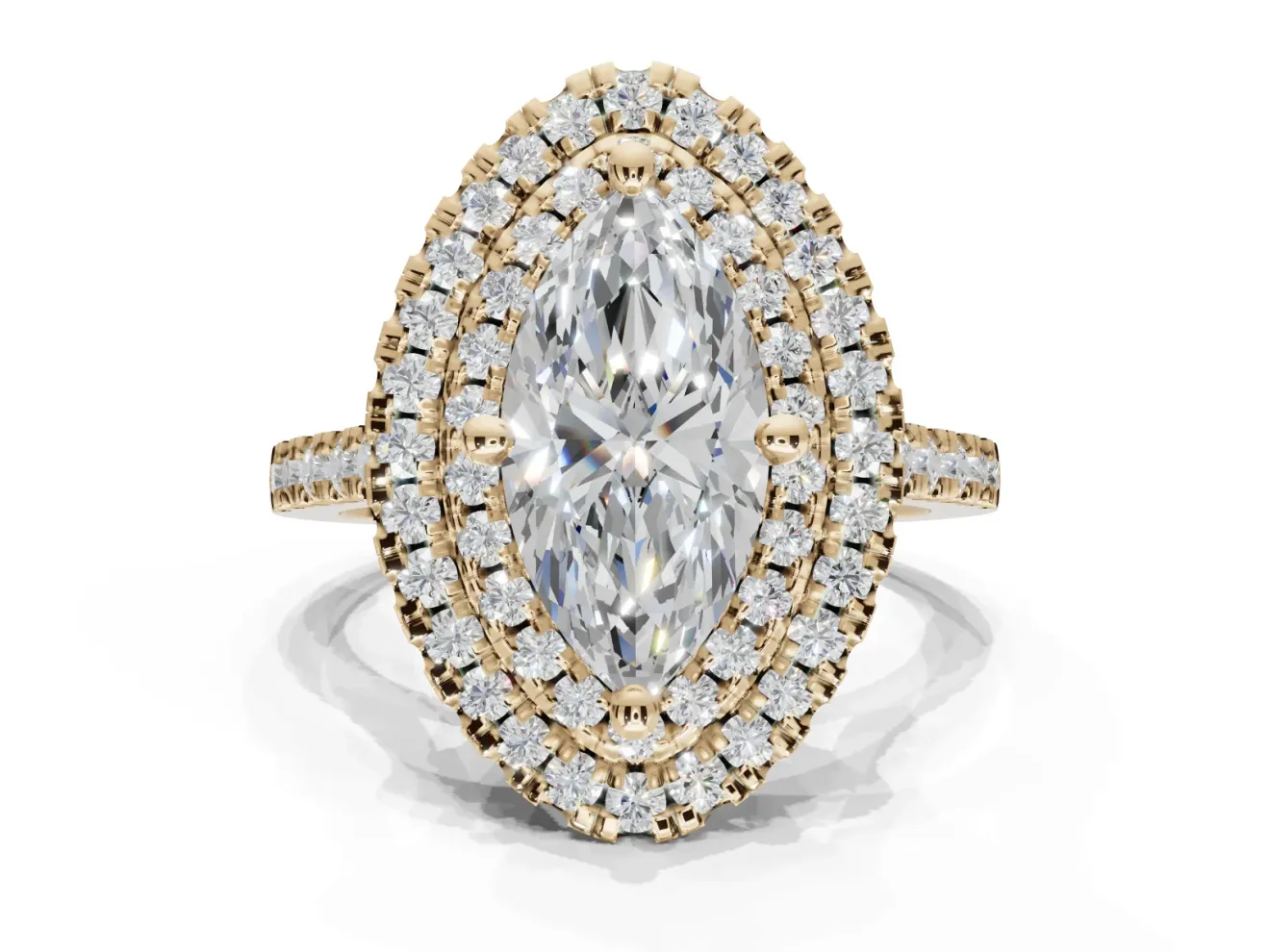 Marquise Double Halo Engagement Ring Setting | Pave Shoulders | Yellow Gold