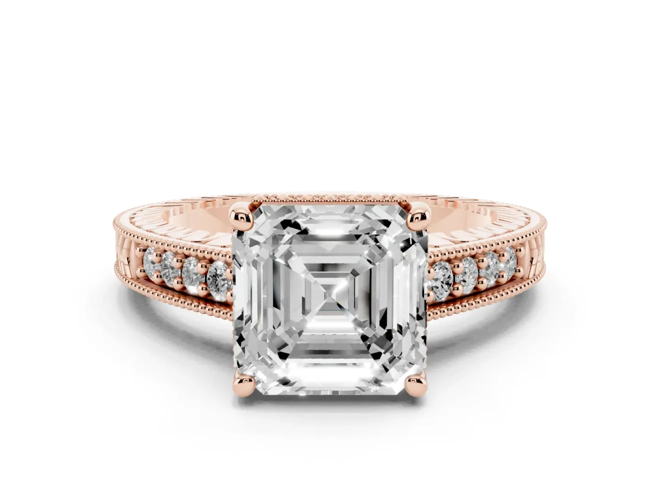 Asscher Cut Vintage Engraved Solitaire Engagement Ring Setting | Milgrain Pavé | Rose Gold