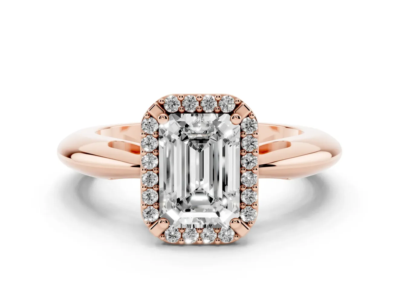 Emerald Cut Halo Engagement Ring Setting | Plain Tapered Band | Rose Gold