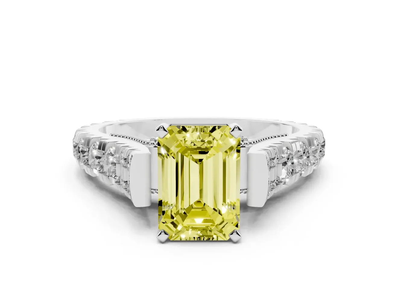 Fancy Yellow Emerald Cut Diamond Classic Solitaire Ring Set in Silver with Pavé Band and Prong Setting