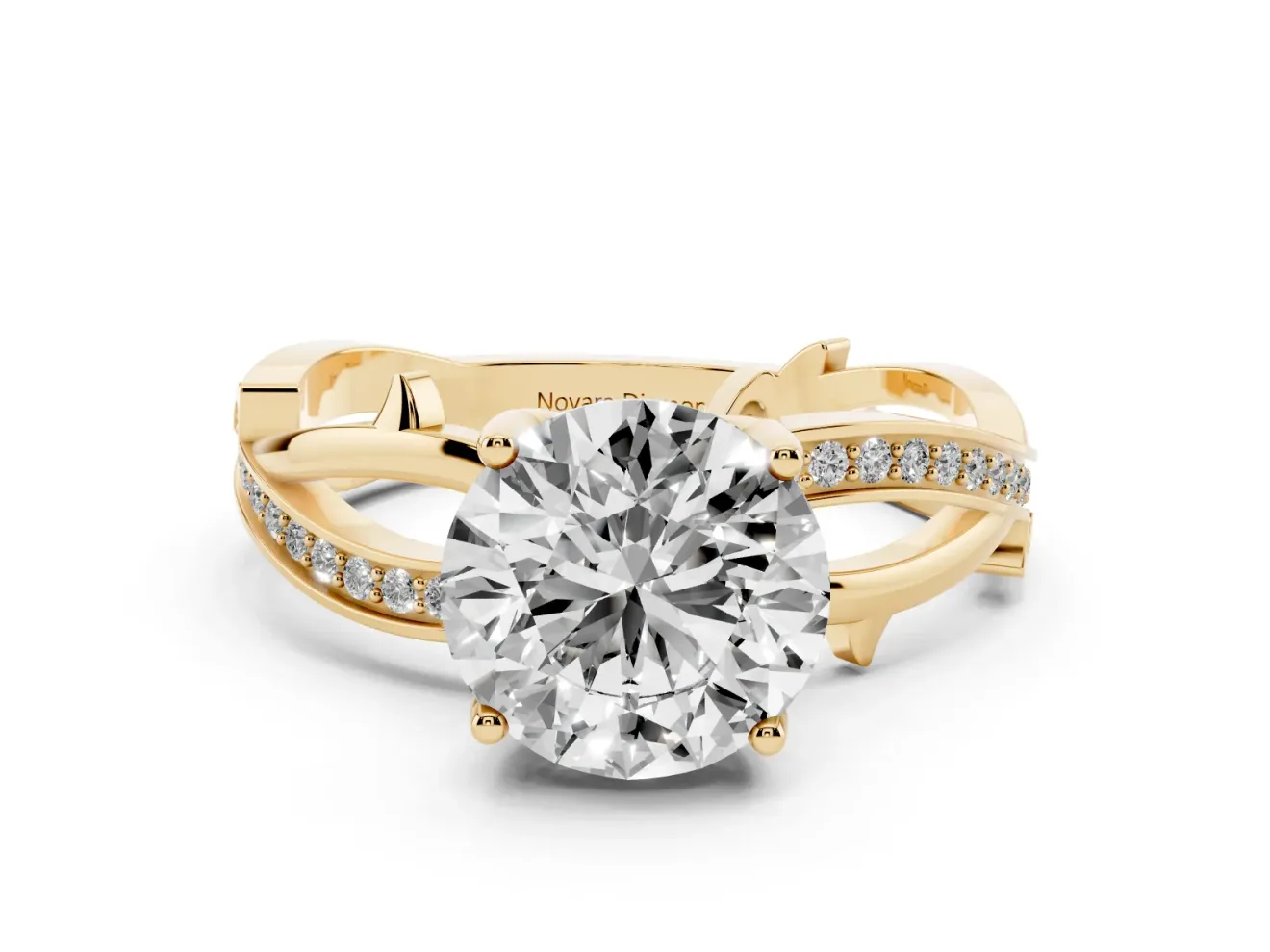 Round Cut Diamond Pavé Twist Band Solitaire Ring Set in Yellow gold with Prong Setting