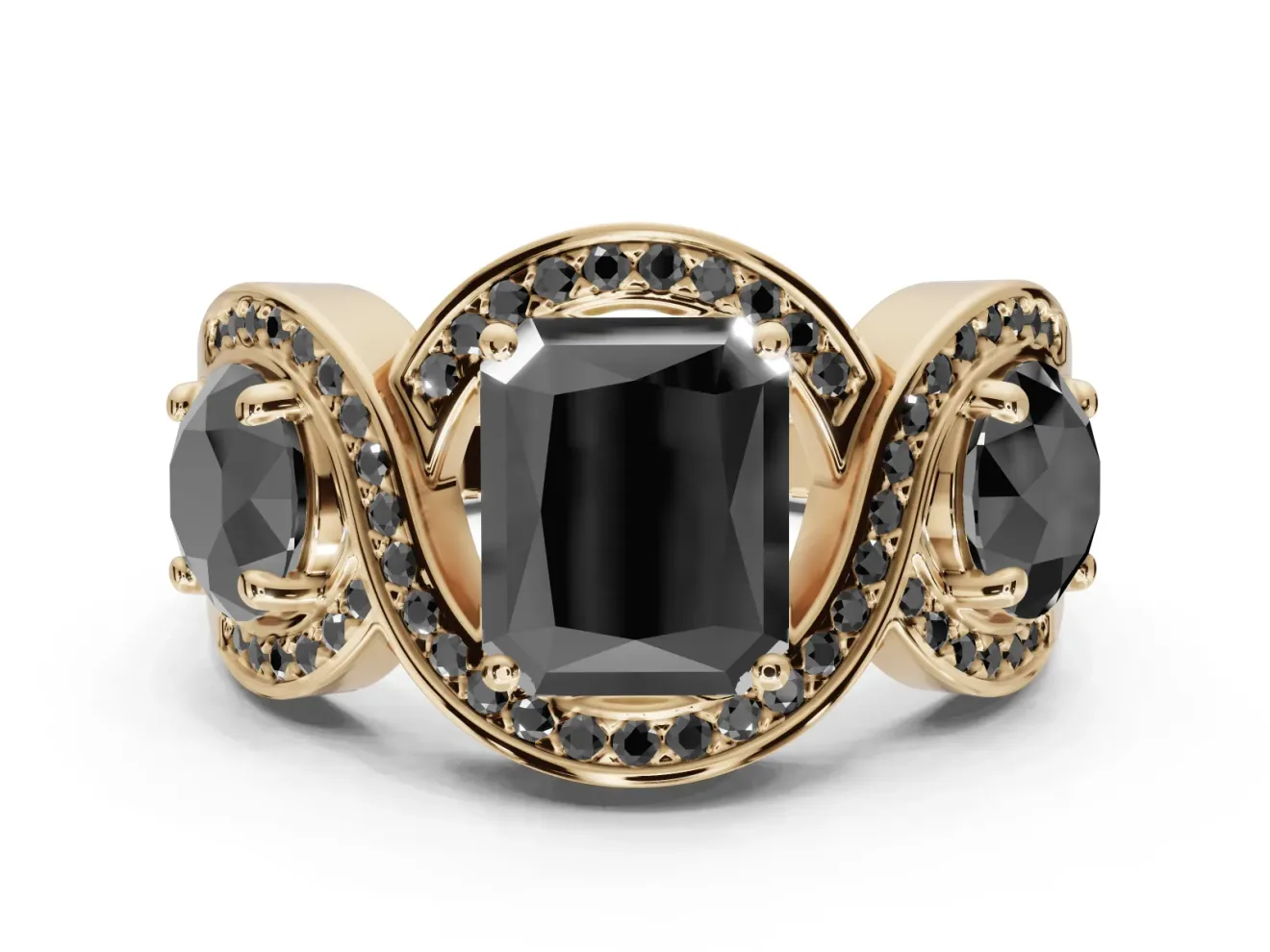 Radiant Cut Three Stone Engagement Ring Setting for a Black Center | Pavé Wave Band | Yellow Gold