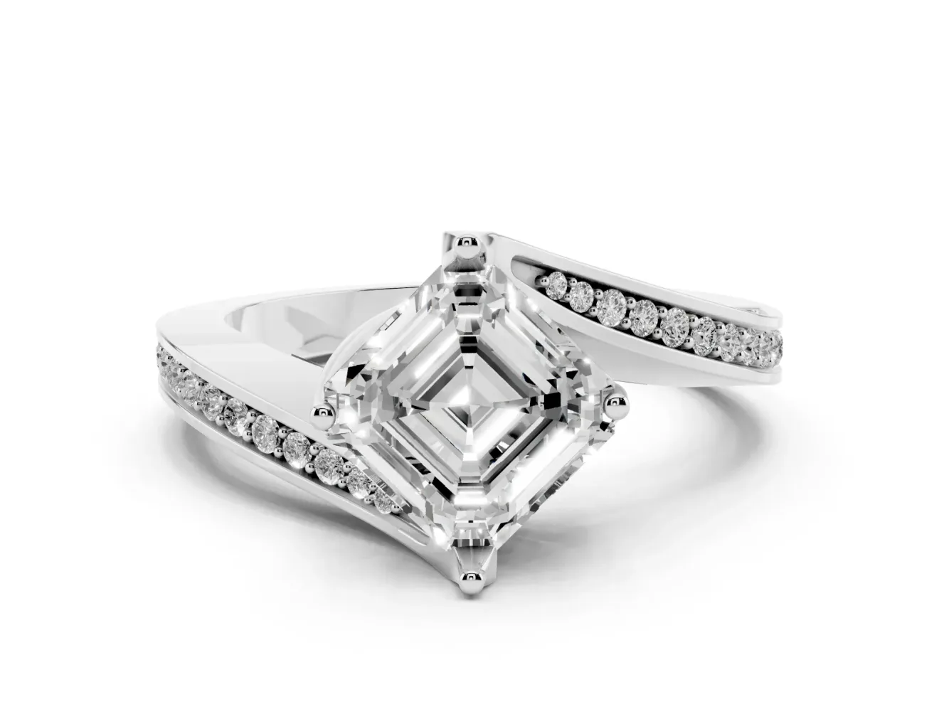 Asscher Cut Diamond Solitaire Ring Set in Platinum with Intertwined Pavé Twist Band