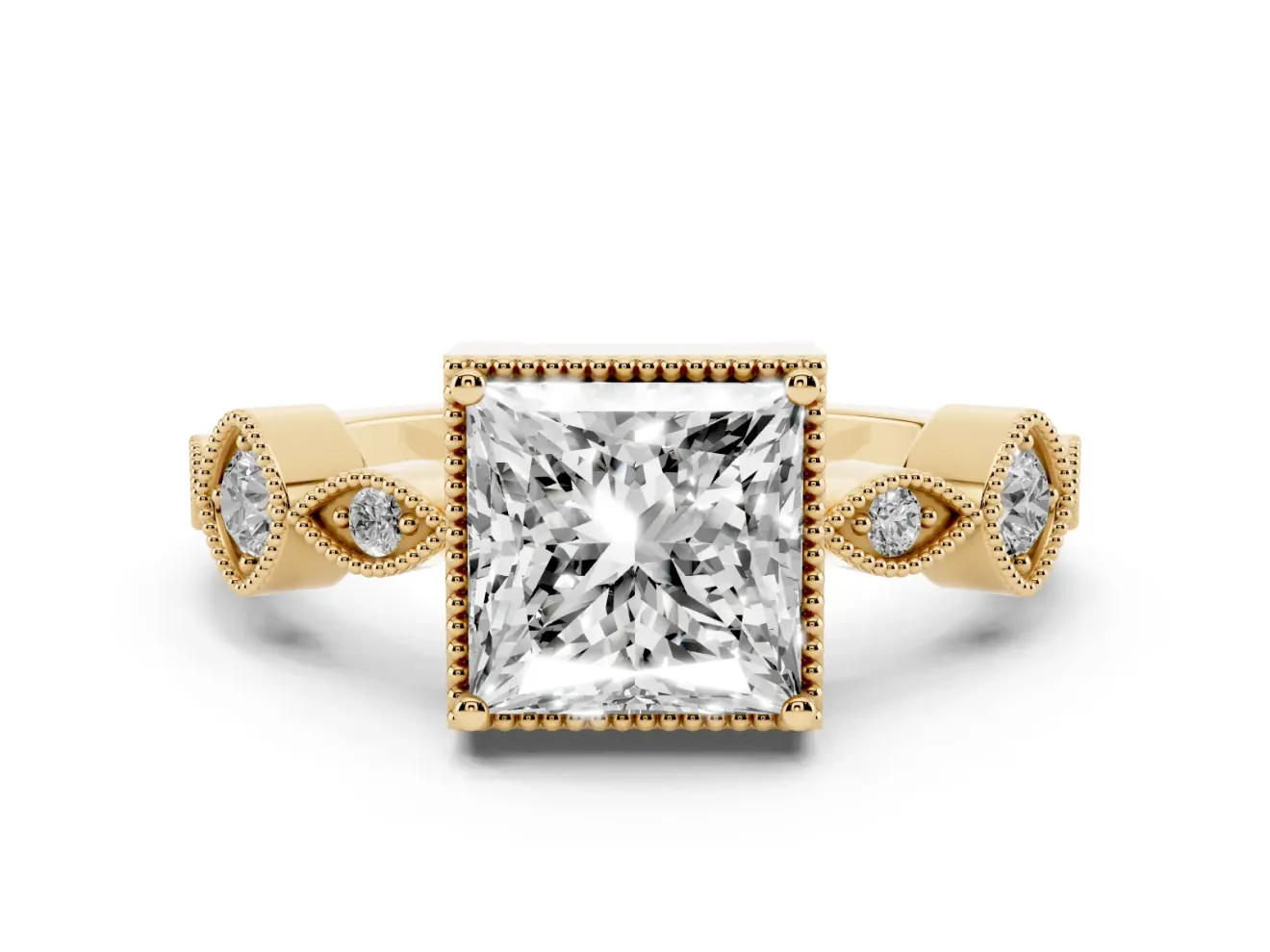 Princess Cut Diamond Vintage-Inspired Milgrain Ring Set in Yellow gold with Marquise Stations of Round Accents