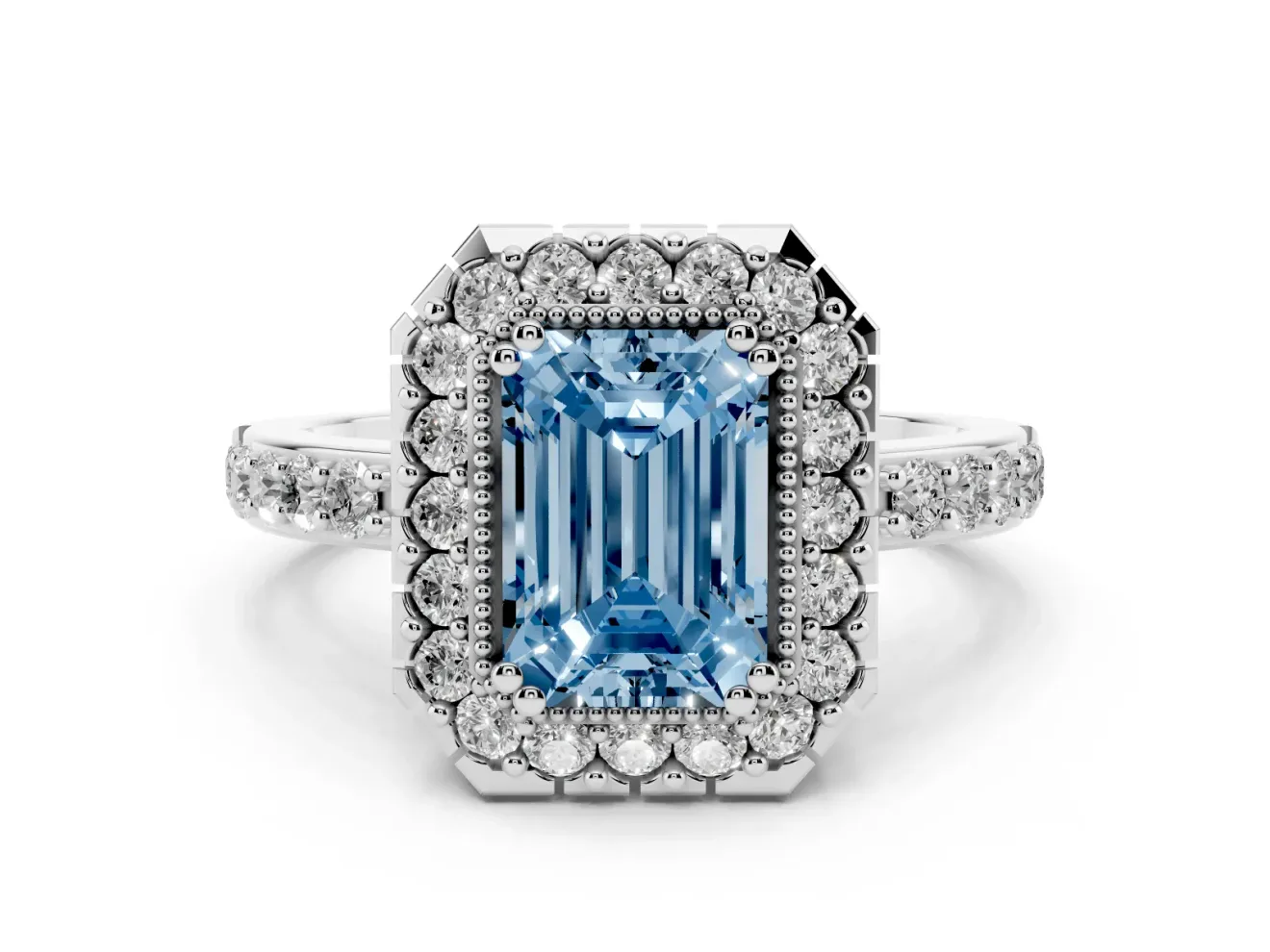 Emerald Cut Milgrain Halo Engagement Ring Setting for a Fancy Blue Lab-Grown Diamond | Pavé Shoulders | Platinum