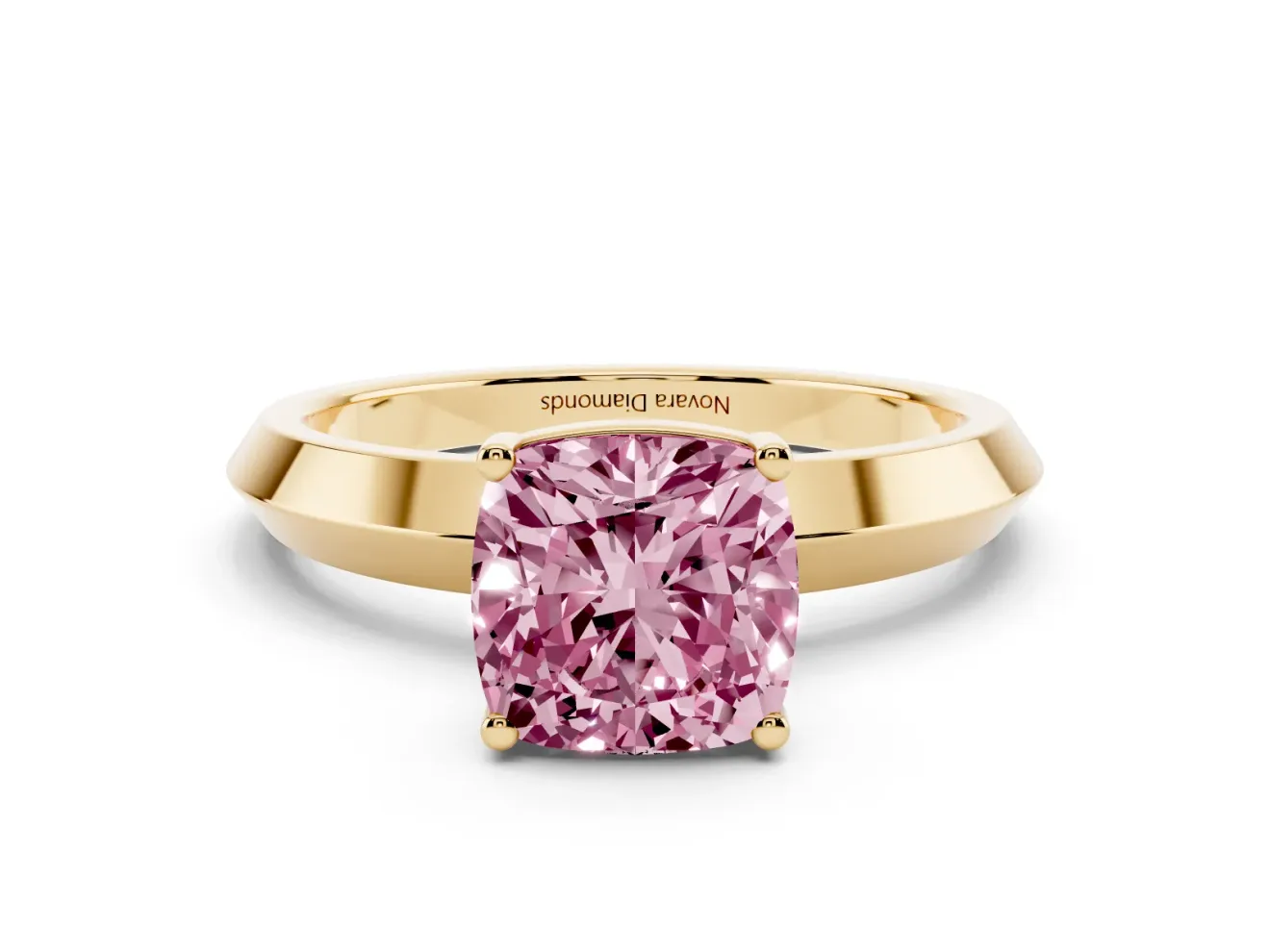 Fancy Pink Cushion Cut Diamond Solitaire Engagement Ring Set in Yellow gold with Flat Band and Prong Setting