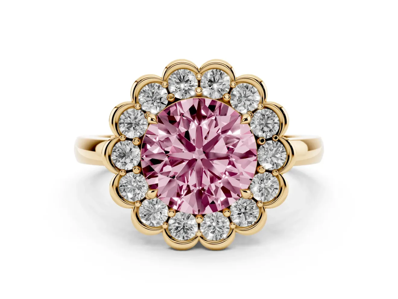Round Scalloped Cluster Halo Engagement Ring Setting for a Fancy Pink Lab-Grown Diamond | Plain Band | Yellow Gold