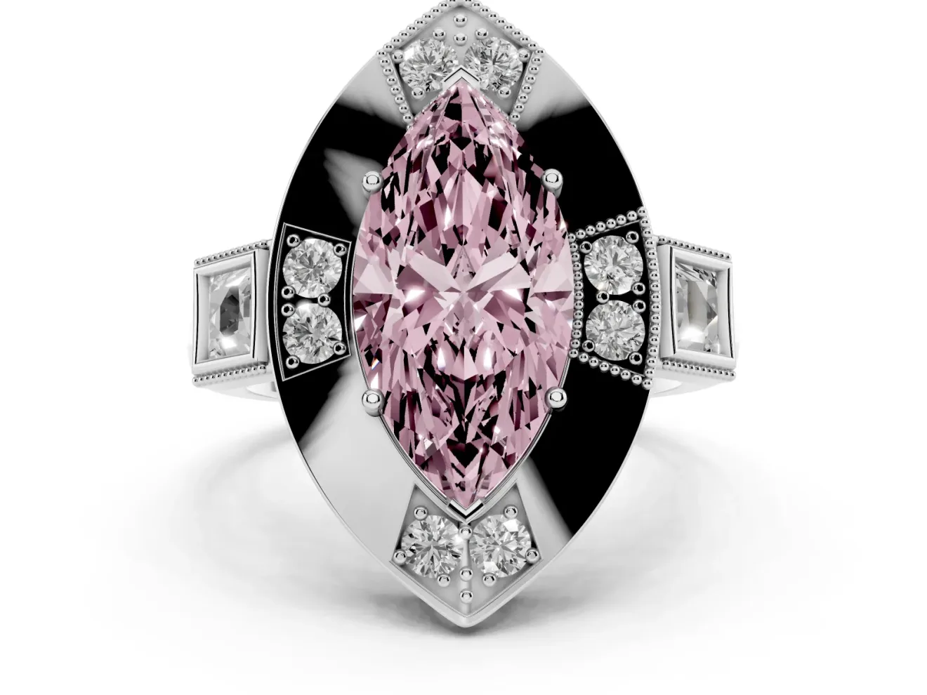 Fancy Pink Marquise Cut Diamond Milgrain Halo Ring Set in Silver with Split Shank