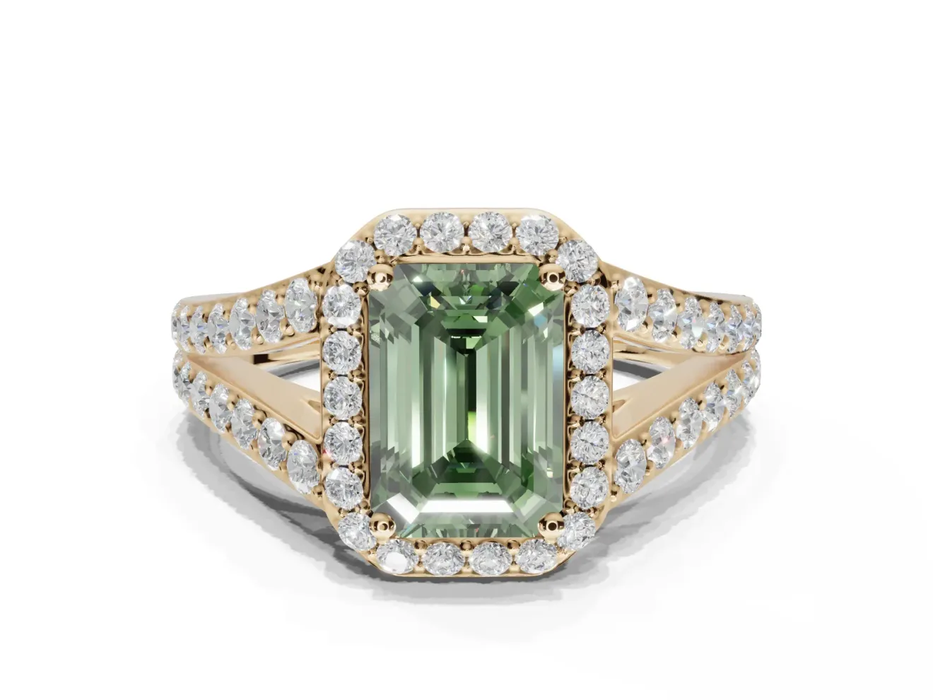 Emerald Cut Halo Pavé Engagement Ring Setting for a Fancy Green Lab-Grown Diamond | Narrow Split Shank | Yellow Gold