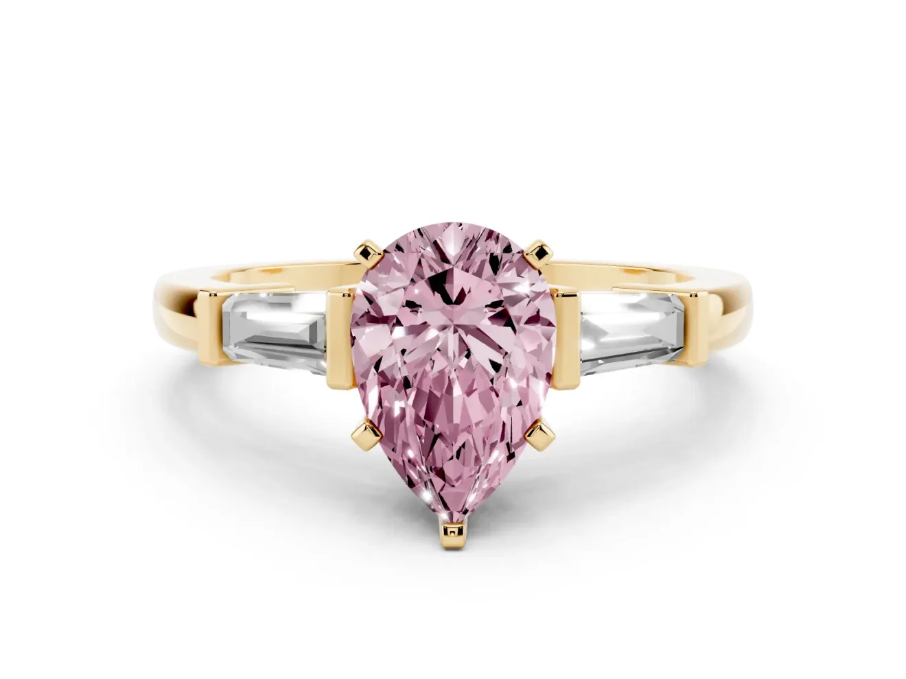 Fancy Pink Pear Cut Diamond Solitaire Ring Set in Yellow gold with Tapered Baguette Accents and Prong Setting