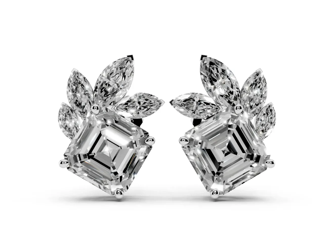 Asscher and Marquise Lab-Grown Diamond Cluster Stud Earrings | Marquise Leaf Spray | Platinum