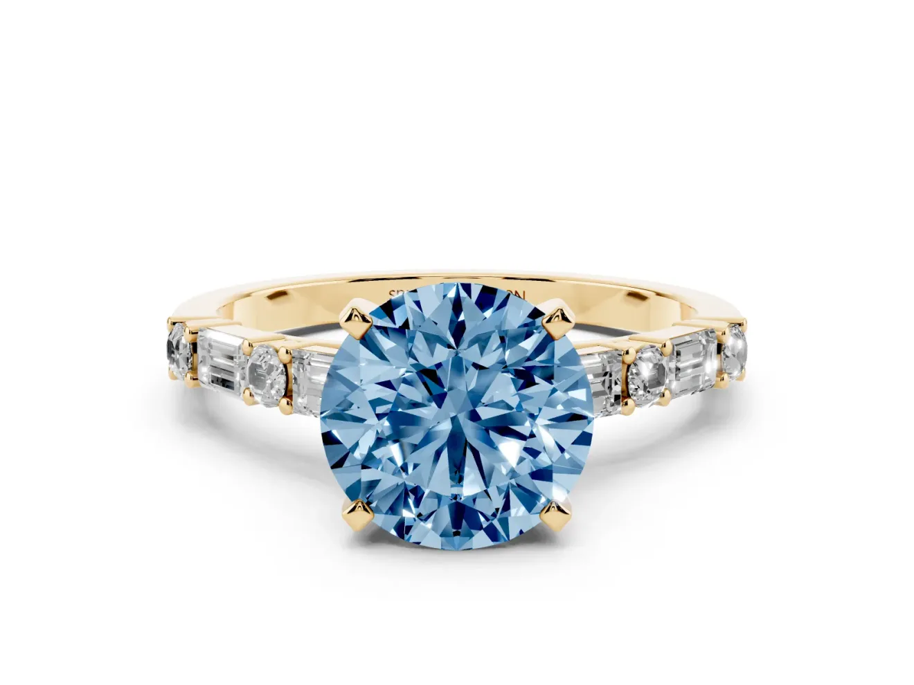 Fancy Blue Round Cut Diamond Solitaire Set in Yellow gold with Side Baguettes and Channel Set Band