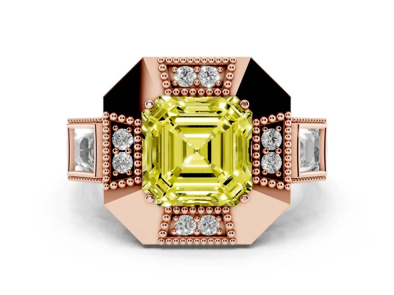 Fancy Yellow Asscher Cut Diamond Milgrain Halo Ring Set in Rose gold with Split Shank