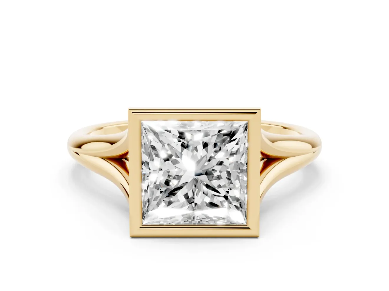 Bezel Set Princess Cut Diamond Solitaire Ring Set in Yellow gold with Tapered Band