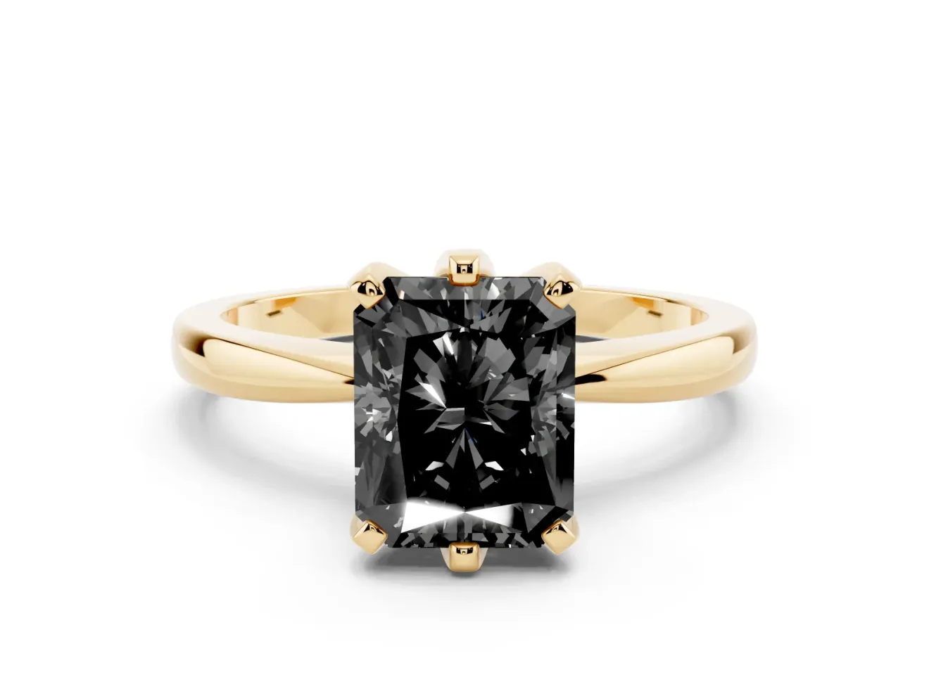 Fancy Black Radiant Cut Diamond Solitaire Engagement Ring Set in Yellow gold with Slim Tapered Solitaire Band