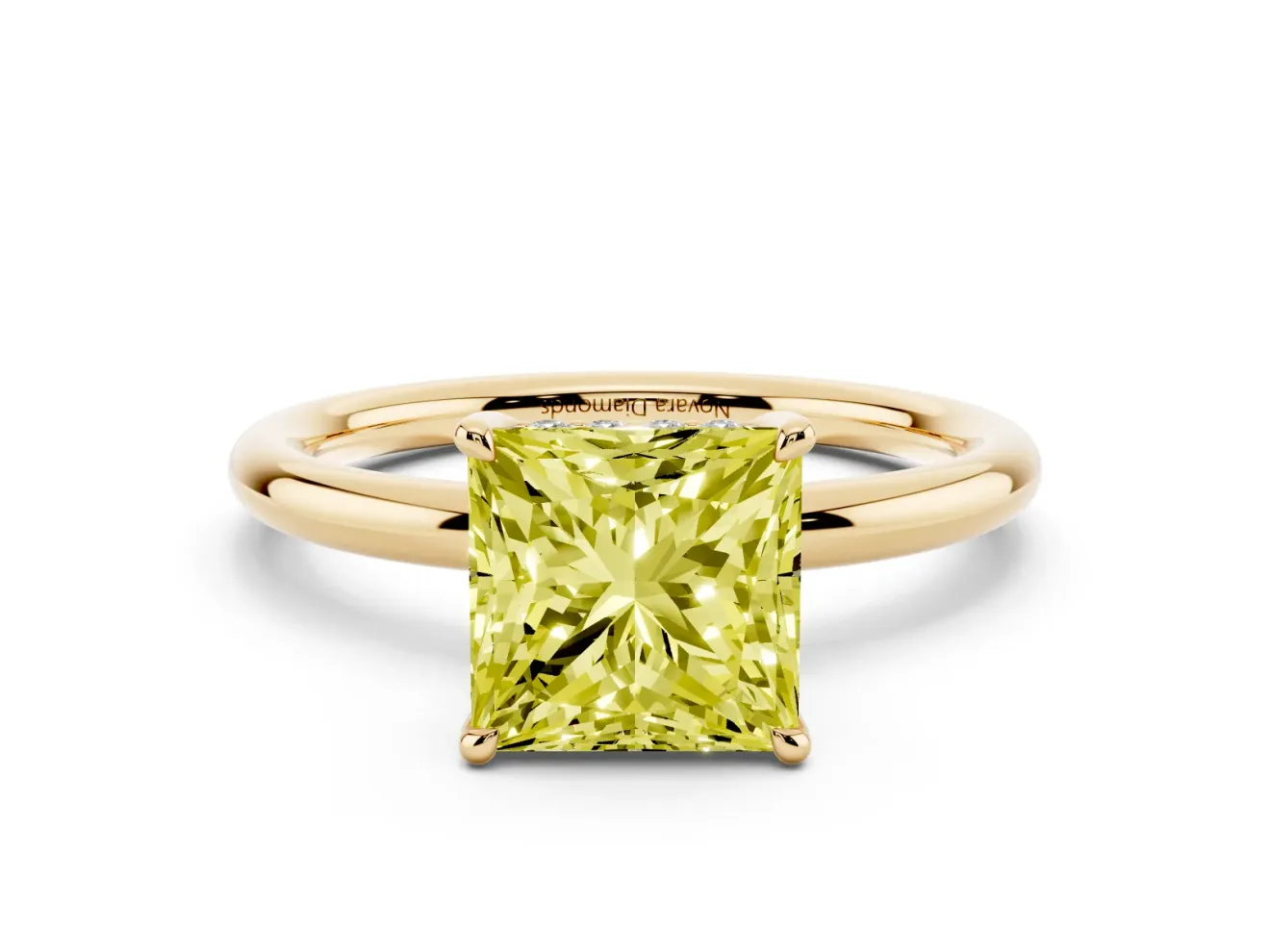 Fancy Yellow Princess Cut Diamond Solitaire Ring Set in Yellow gold with Thin Band and Prong Setting
