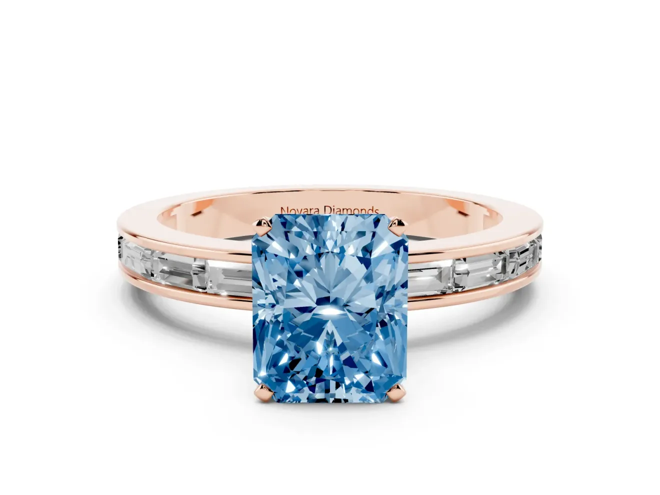 Fancy Blue Radiant Cut Diamond Solitaire Ring Set in Rose gold with Channel-Set Baguette Band and Prong Setting