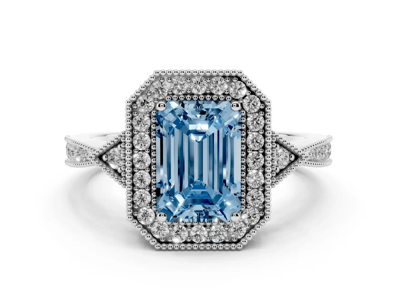 Fancy Blue Emerald Cut Diamond Halo Engagement Ring Set in Silver with Milgrain Pavé Band
