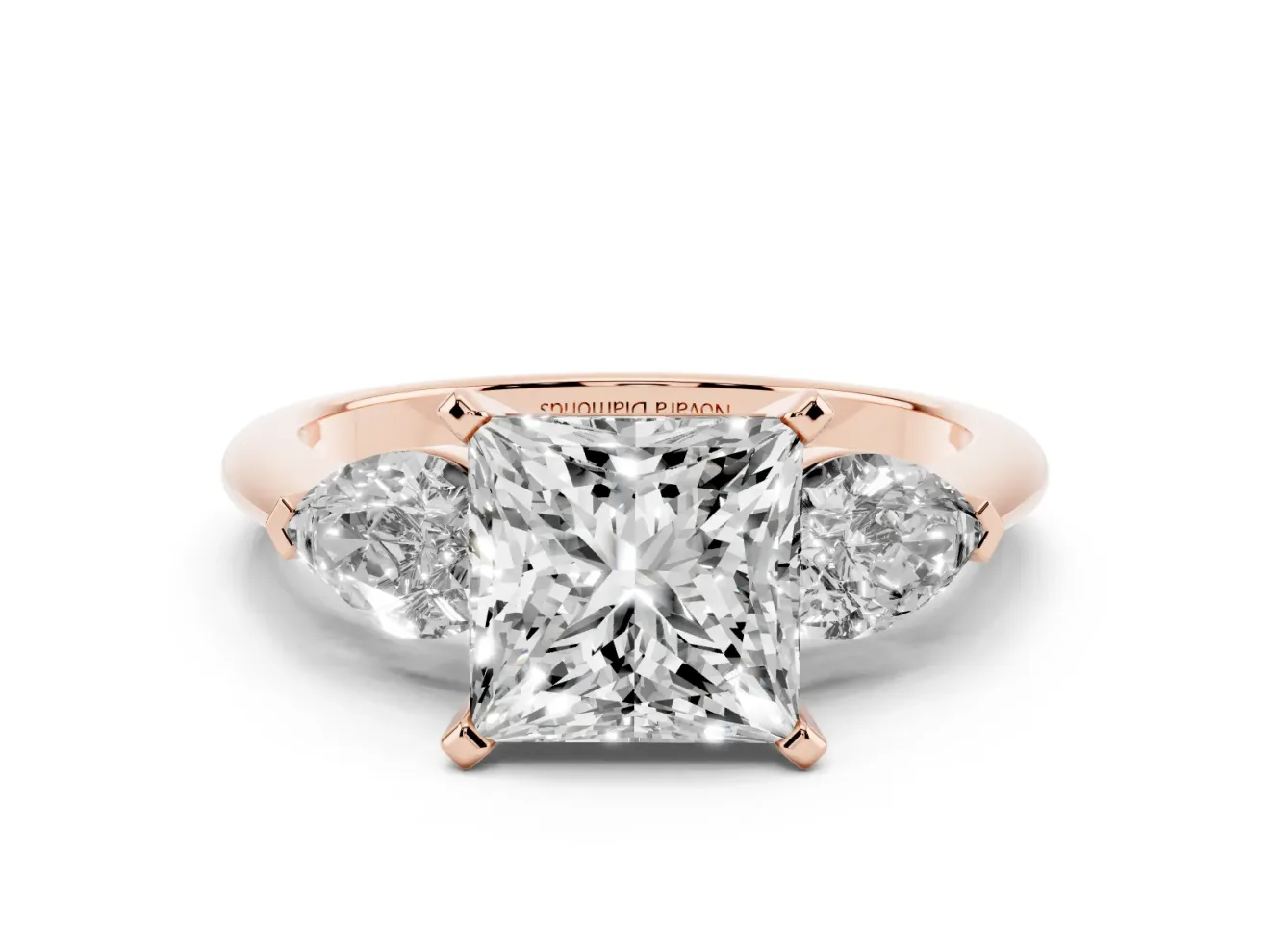 Princess Cut Three-Stone Engagement Ring Setting | Pear Side Stones | Rose Gold