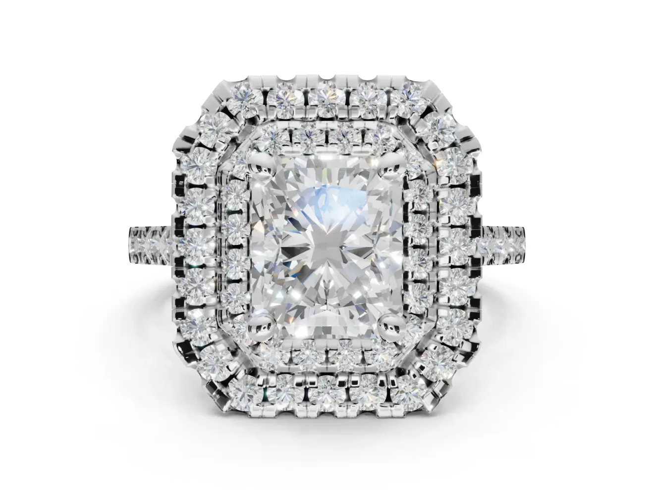 Radiant Cut Lab-Grown Diamond Double Halo Statement Ring Set in Platinum with Pavé Band