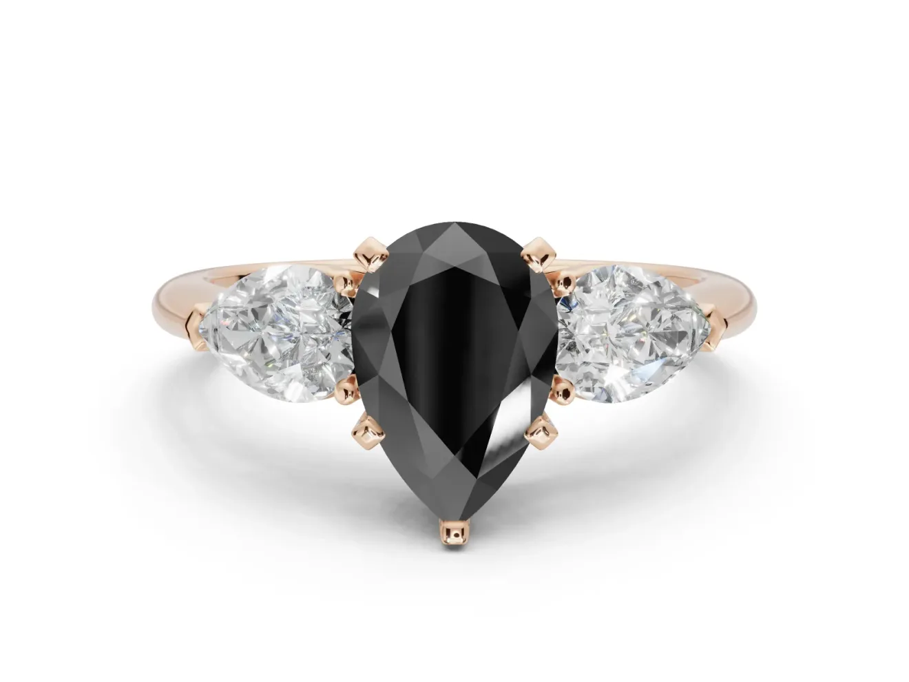 Pear-Shaped Three-Stone Engagement Ring Setting for a Black Center | Pear Side Stones | Rose Gold