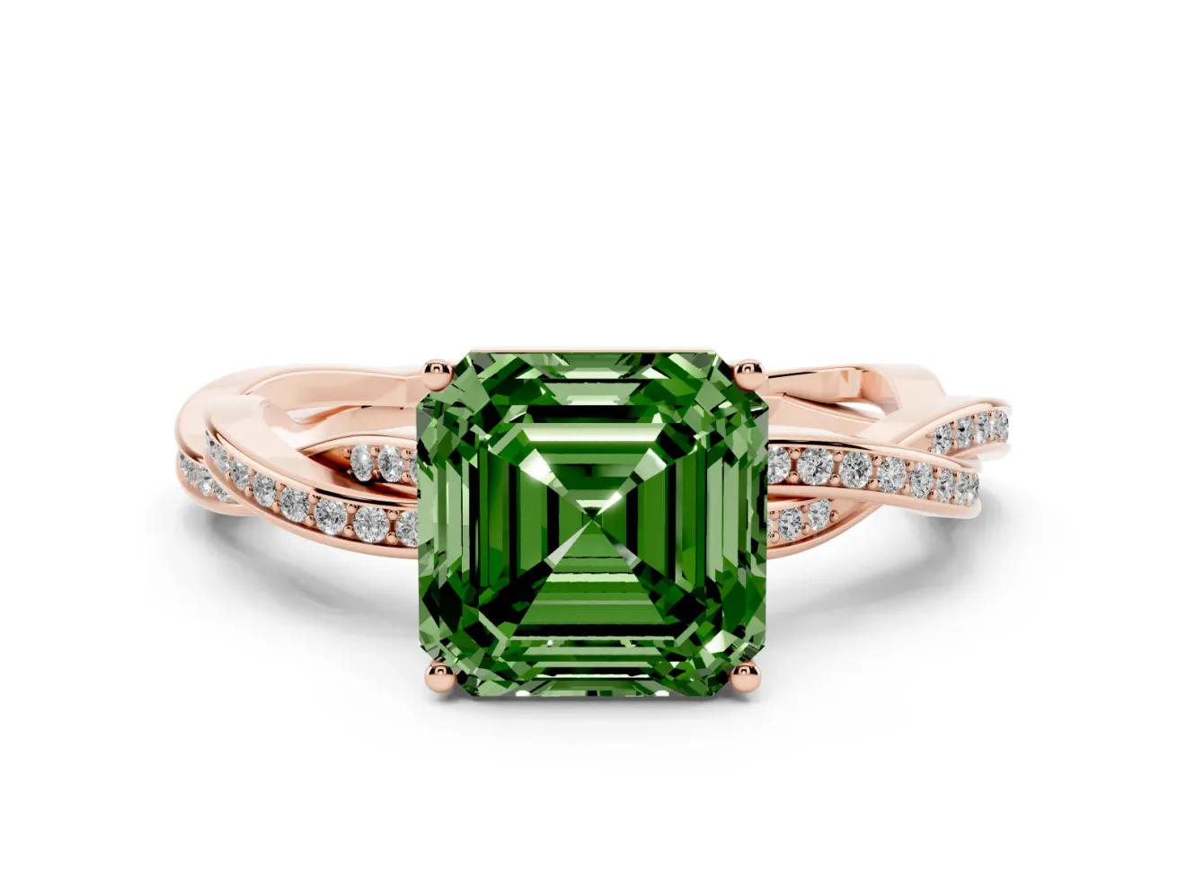 Fancy Green Asscher Cut Diamond Solitaire Twisted Pavé Ring Set in Rose gold with Prong Setting