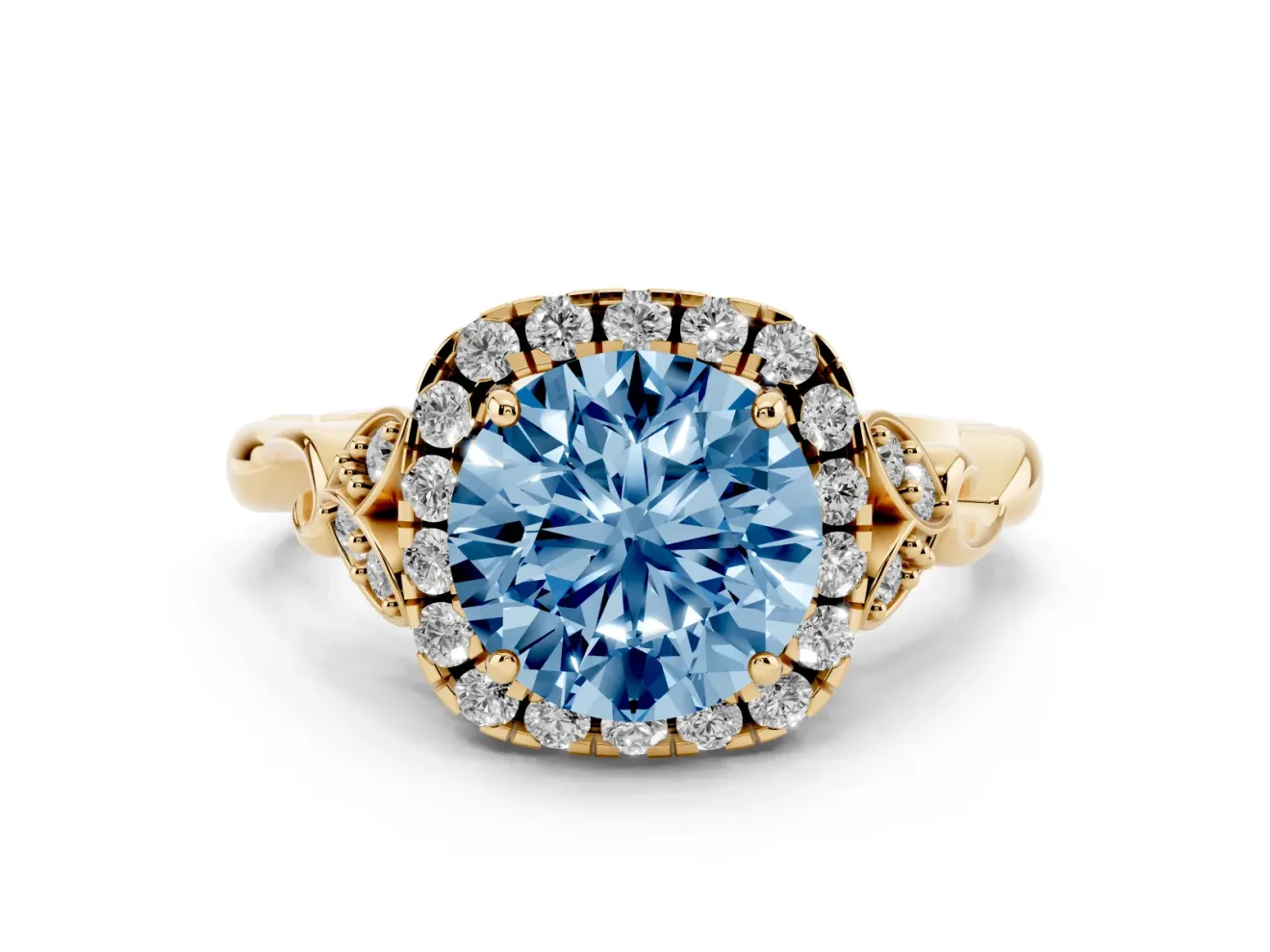 Round Halo Engagement Ring Setting for a Fancy Blue Lab-Grown Diamond | Leaf Shoulders | Yellow Gold