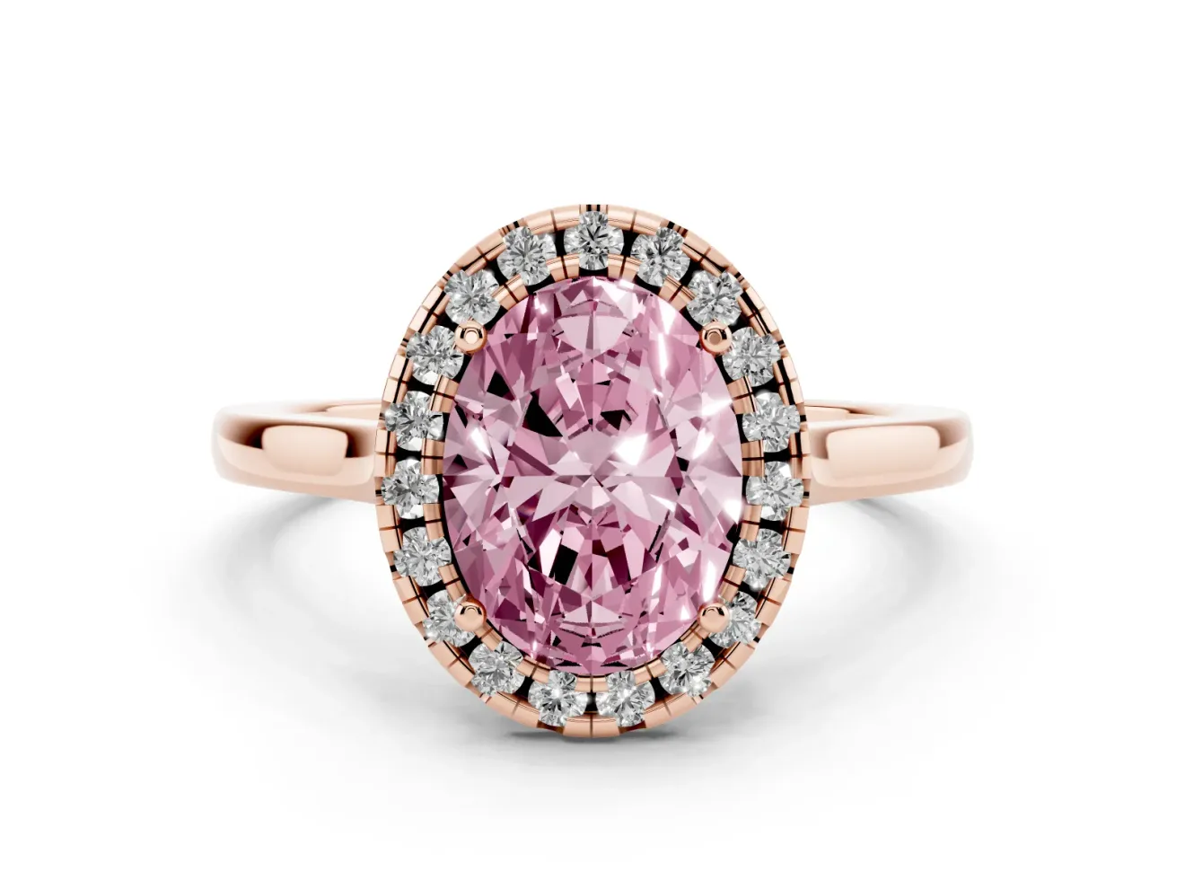 Fancy Pink Oval Cut Halo Round Diamond Solitaire Ring Set in Rose gold with Pavé Band and Prong Setting