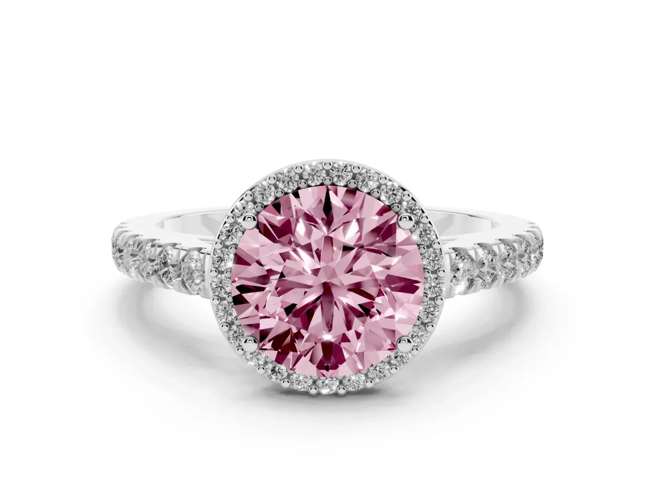 Fancy Pink Round Cut Diamond Halo Engagement Ring Set in White gold with Pavé Band and Prong Setting