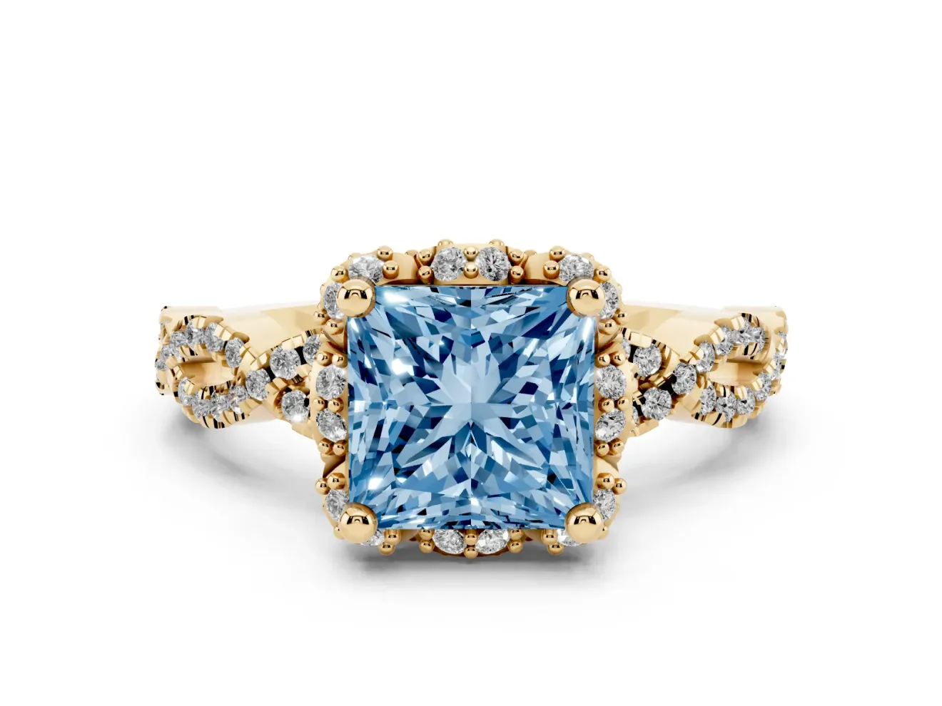 Princess Cut Halo Engagement Ring Setting for a Fancy Blue Lab-Grown Diamond | Yellow Gold - Design NV-24725