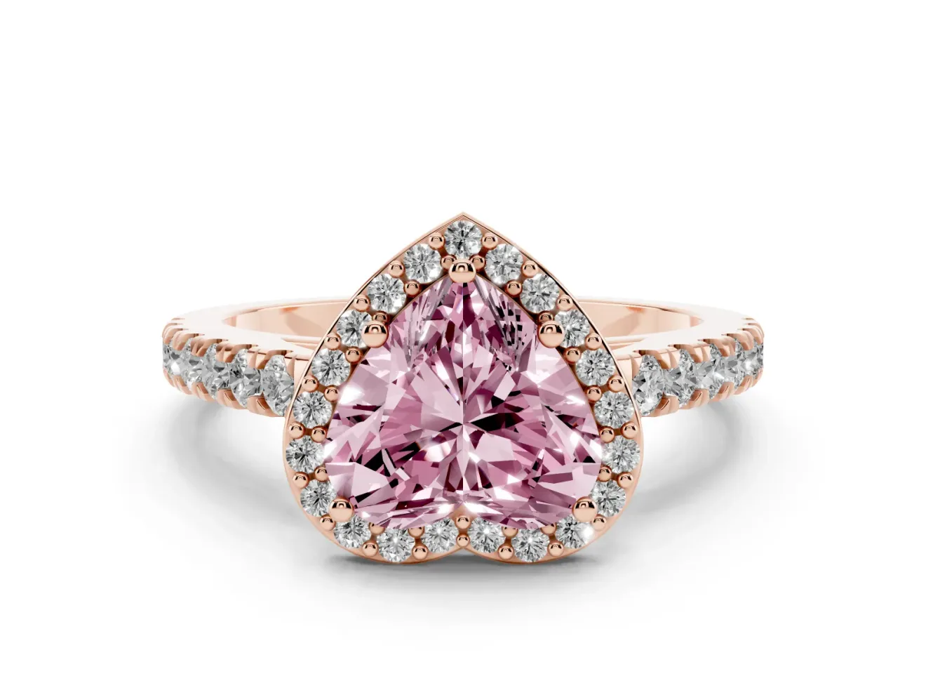 Fancy Pink Heart Cut Diamond Halo Engagement Ring Set in Rose gold with Pavé Band and Prong Setting
