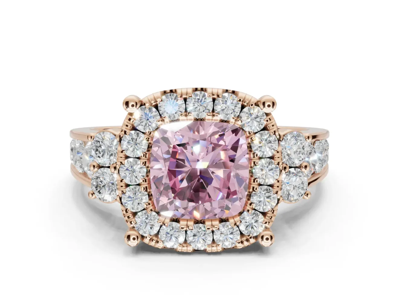 Cushion Cut Halo Engagement Ring Setting for a Fancy Pink Lab-Grown Diamond | Graduated Channel Band | Rose Gold