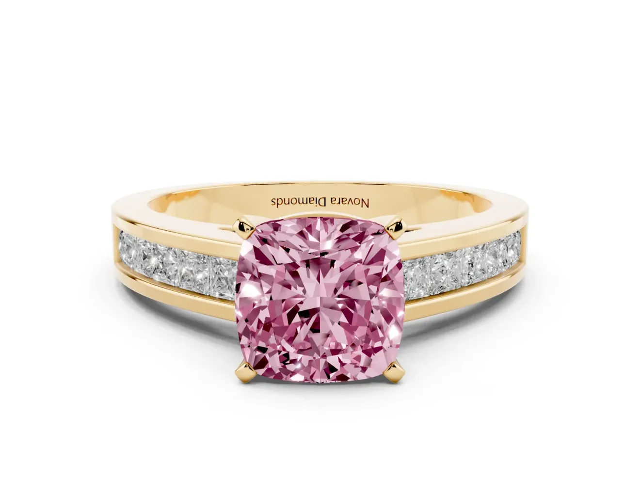 Fancy Pink Cushion Cut Diamond Solitaire Ring Set in Yellow gold with Channel-Set Band and Prong Setting