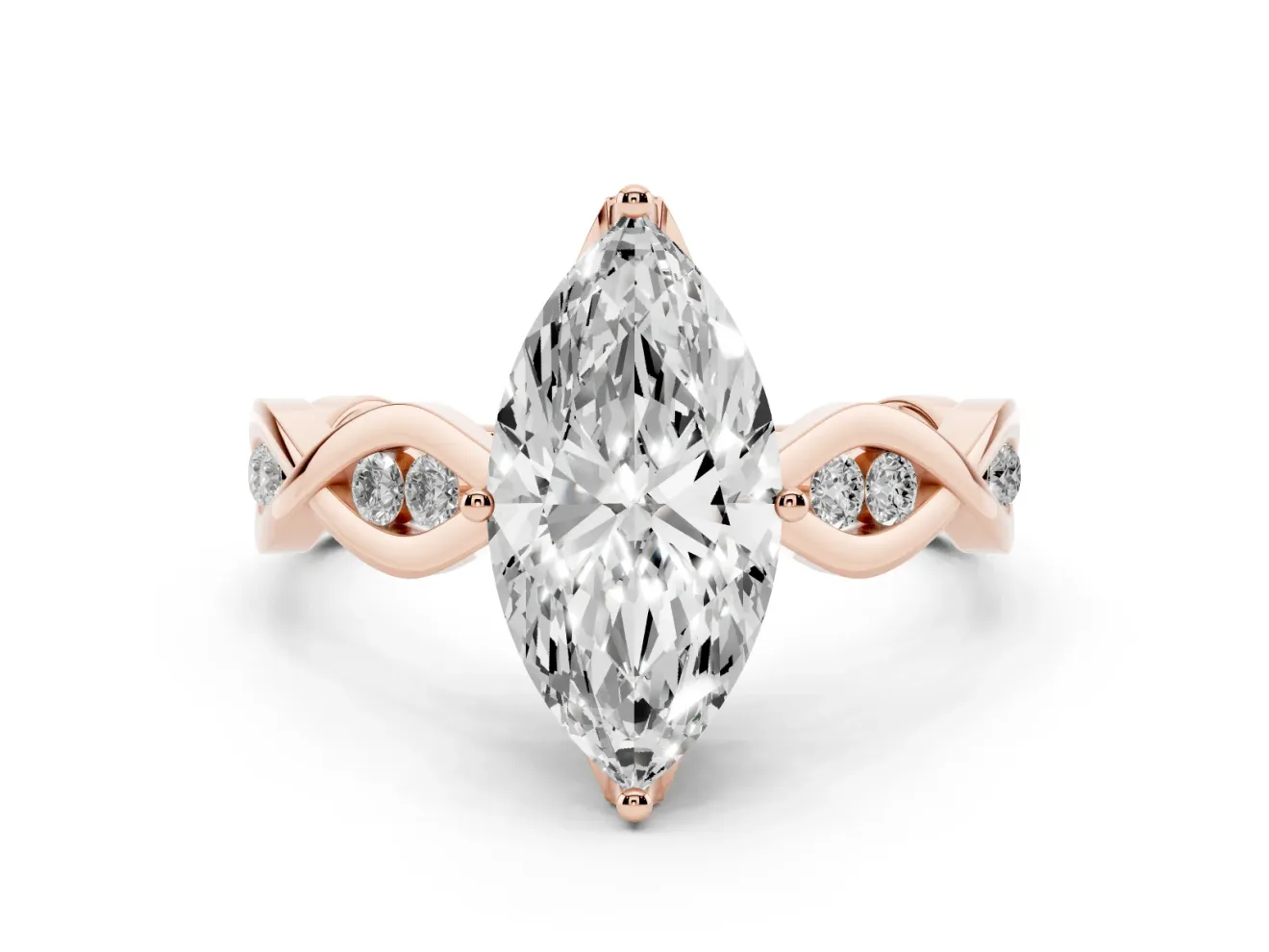 Marquise Cut Diamond Twist Band Solitaire Ring Set in Rose gold with Leaf Prong Setting and Accent Stones