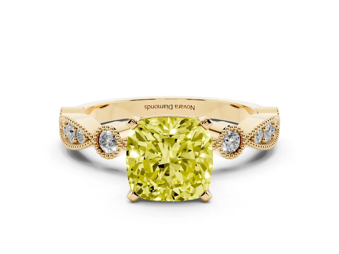 Fancy Yellow Cushion Cut Diamond Solitaire Engagement Ring Set in Yellow gold with Milgrain Bezel Accent Band