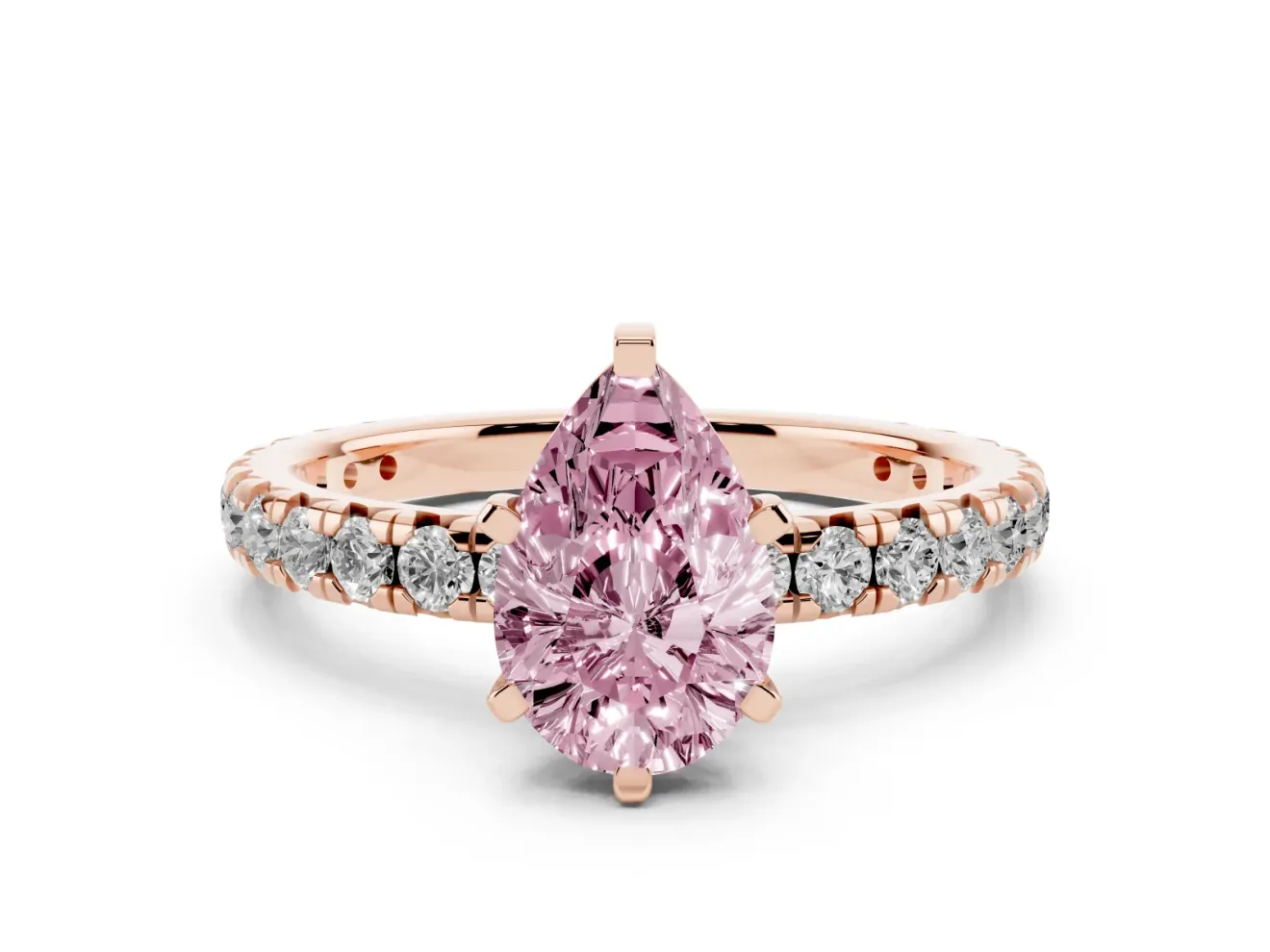 Fancy Pink Pear Cut Diamond Pavé Solitaire Ring Set in Rose gold with Round Band and Prong Setting