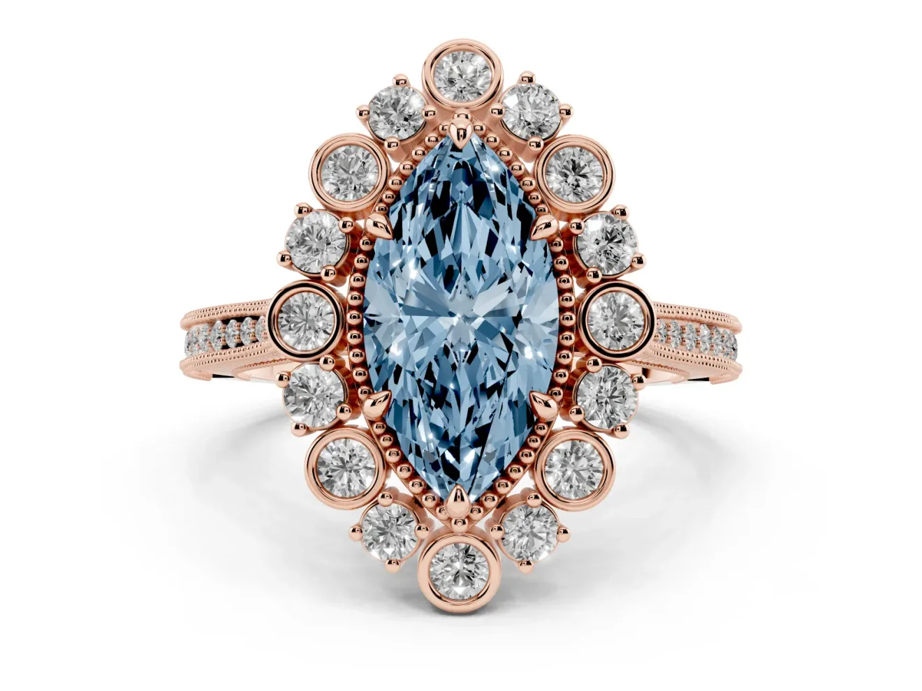 Fancy Blue Marquise Cut Diamond Halo Milgrain Pavé Ring Set in Rose gold with Prong Setting