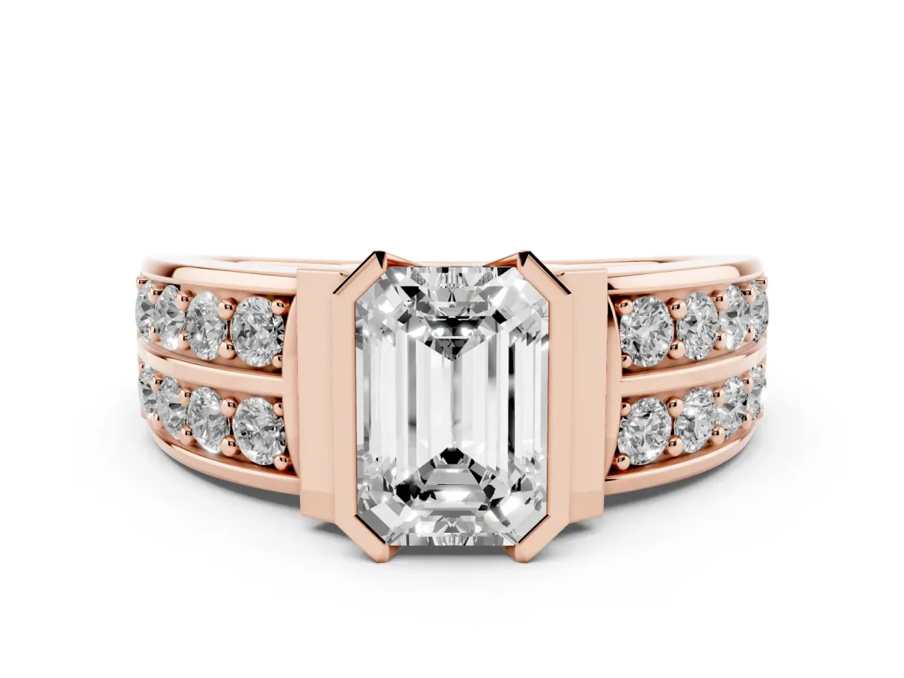 Emerald Cut Half Bezel Engagement Ring Setting | Double Row Channel Band | Rose Gold