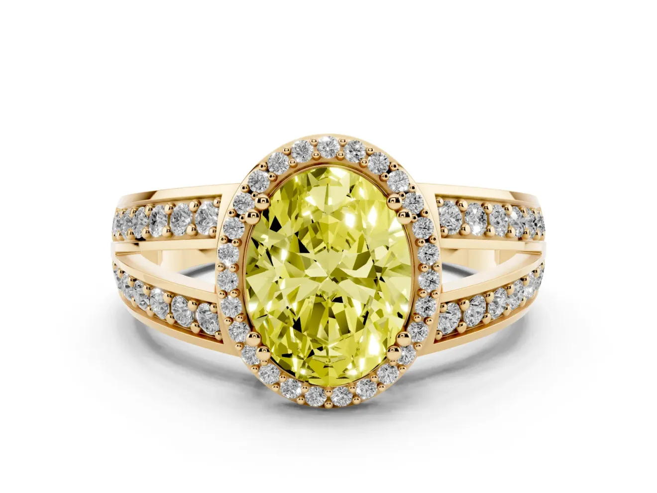 Fancy Yellow Oval Cut Diamond Halo Ring Set in Yellow gold with Double Pavé Split Shank