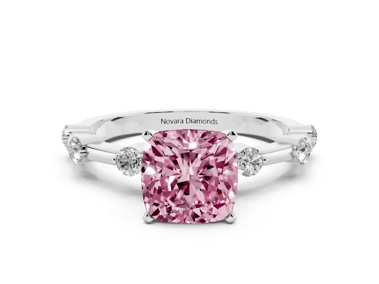 Fancy Pink Cushion Cut Diamond Solitaire Ring Set in Platinum with Bezel Set Side Stones and Prong Setting