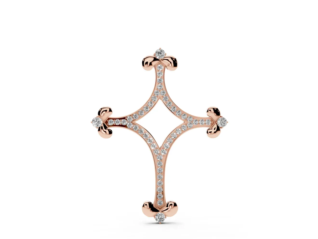 Round Lab-Grown Diamond Pavé Open Cross Pendant Necklace | Fleur-de-Lis Tips | Rose Gold