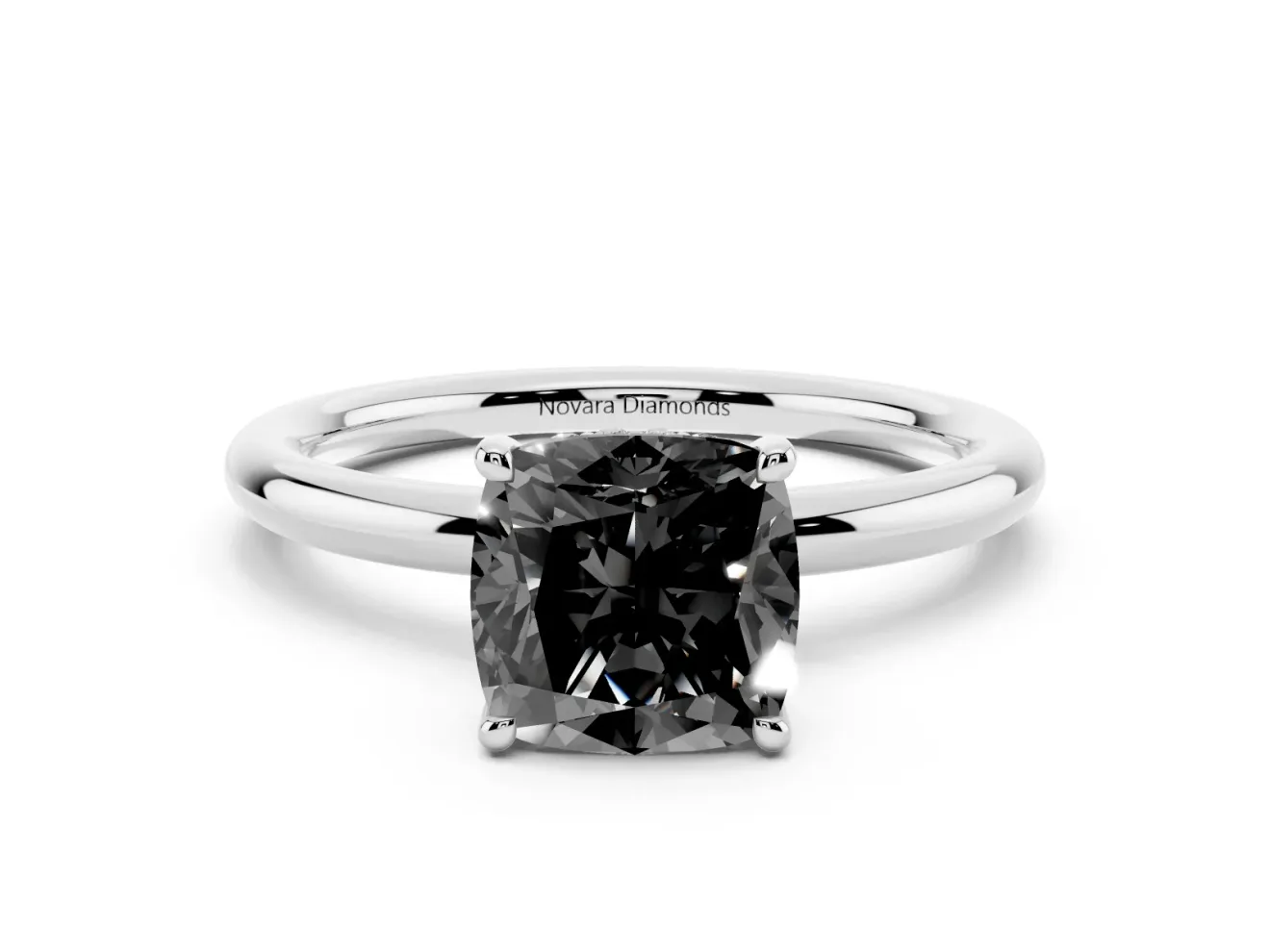 Fancy Black Cushion Cut Diamond Solitaire Ring Set in Platinum with Thin Band and Prong Setting