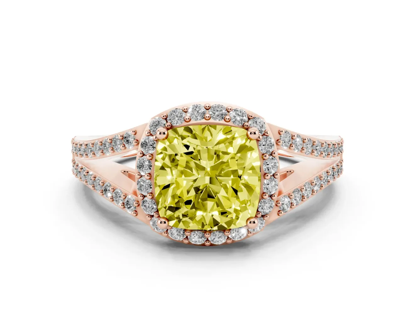 Cushion Cut Halo Engagement Ring Setting for a Fancy Yellow Lab-Grown Diamond | V-Split Pavé Band | Rose Gold
