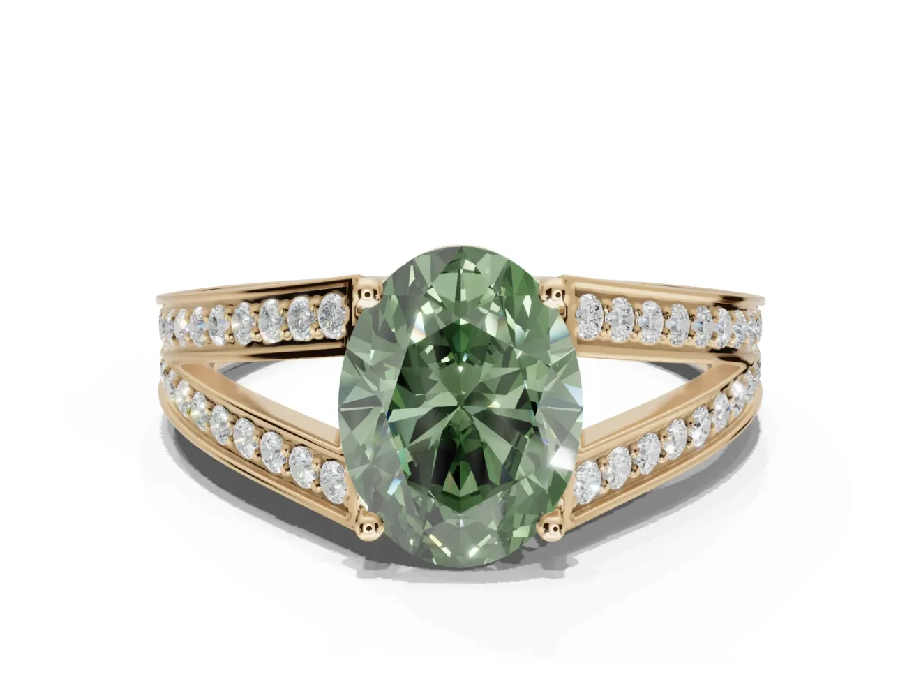 Oval Split Shank Pavé Engagement Ring Setting for a Fancy Green Lab-Grown Diamond | Yellow Gold