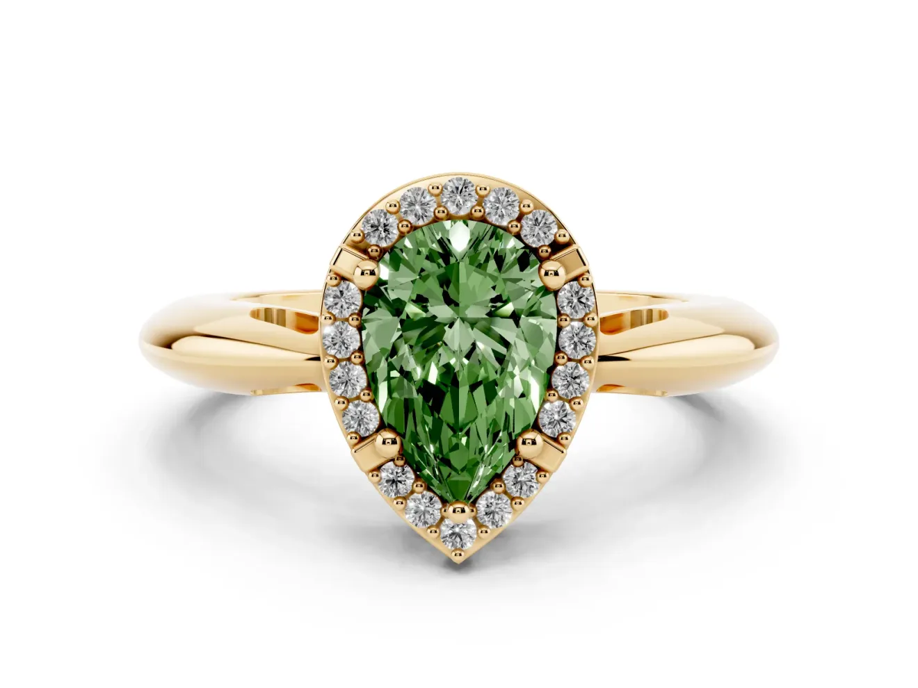 Fancy Green Pear Cut Diamond Halo Engagement Ring Set in Yellow gold with Plain Split Shank and Prong Setting