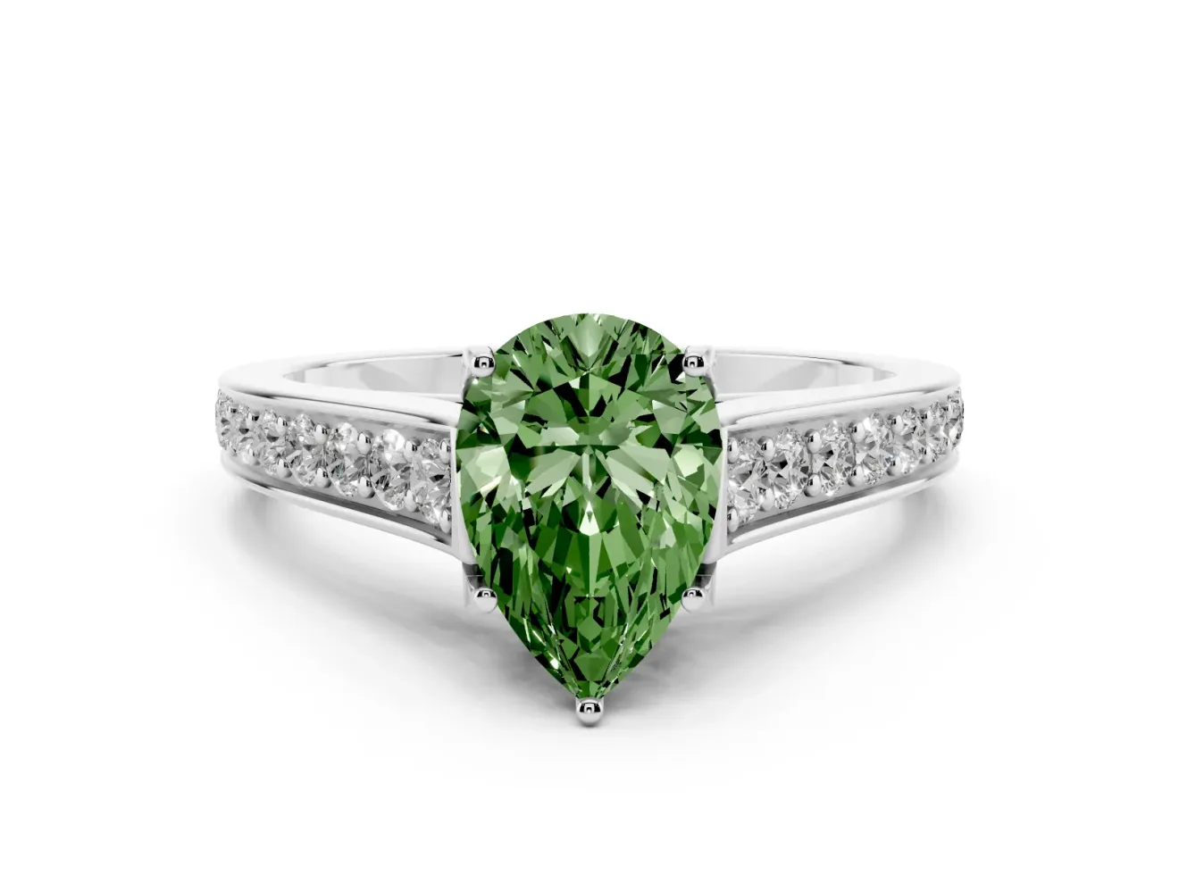 Fancy Green Pear Cut Diamond Solitaire Pavé Engagement Ring Set in Platinum with Prong Setting