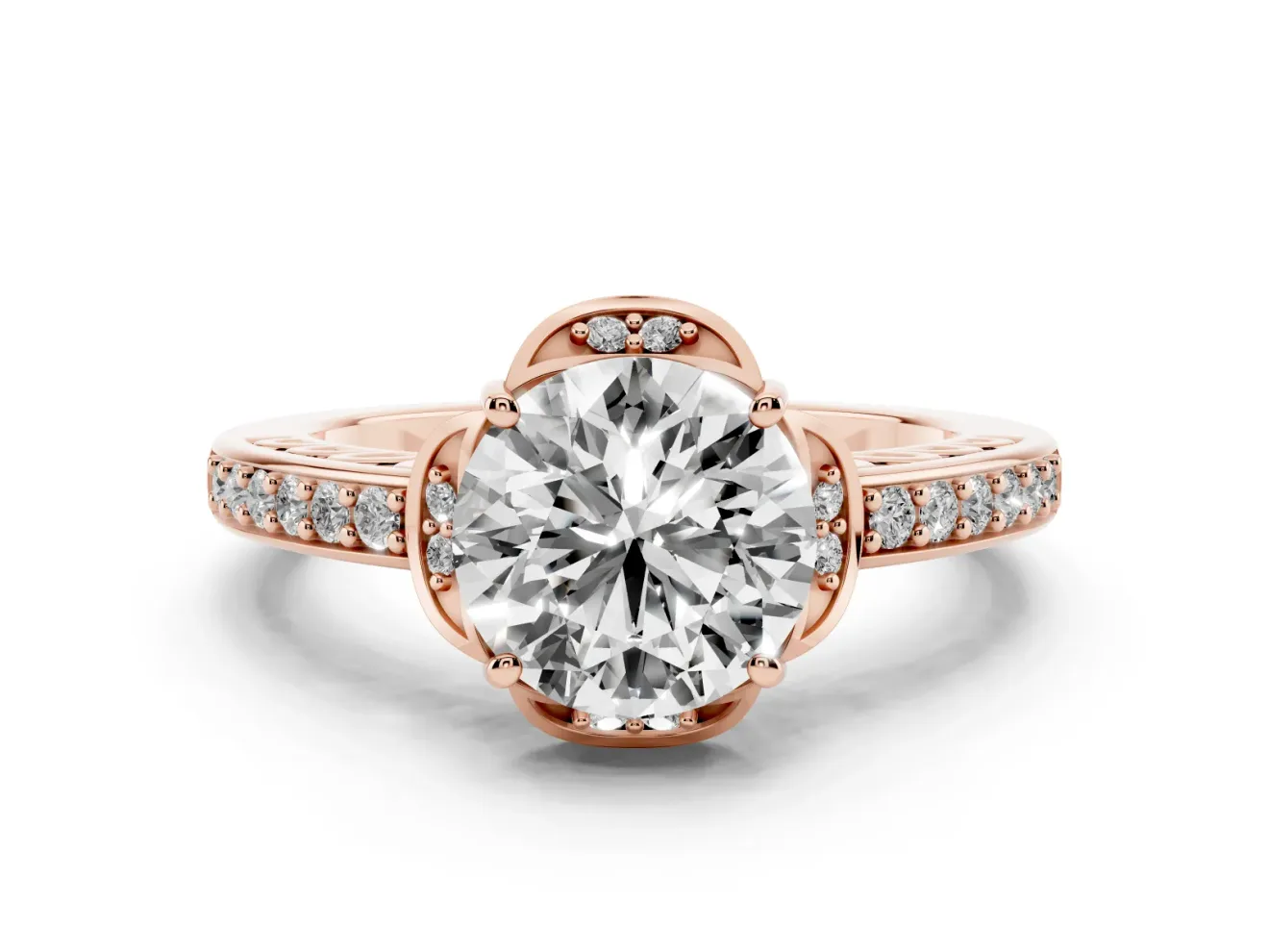 Round Floral Pavé Engagement Ring Setting | Petal Accents | Rose Gold
